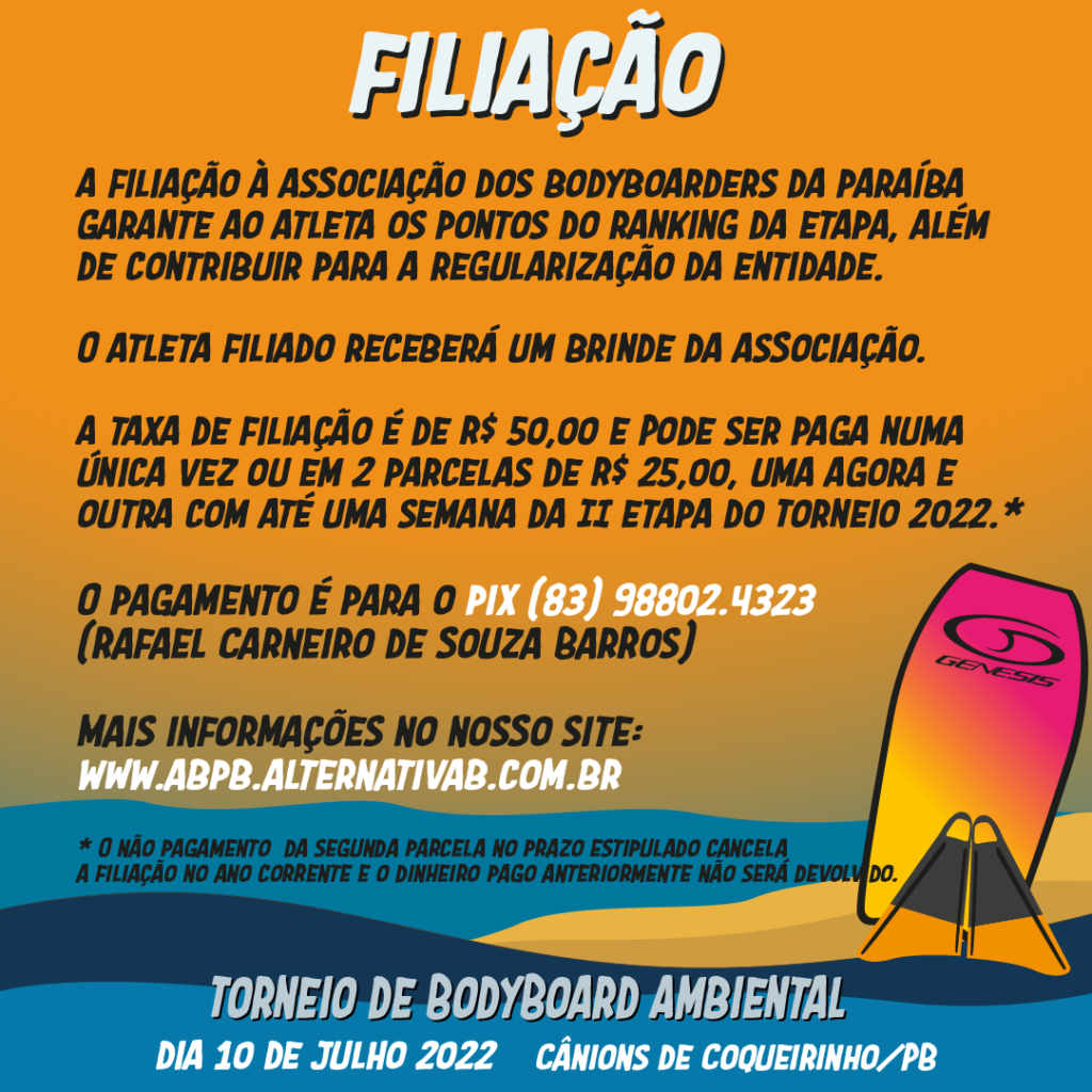 A Filiação garante ao atleta os pontos do ranking, além de contribuir para a regularizaç~cao da associação.
Pode ser paga em duas vezes ou uma parcela única de R$ 50,00.